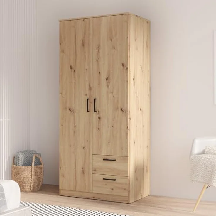 FORTE NIKO Kleiderschrank 82, Scandi Kleiderschrank mit 2 Türen und 2 Schubladen, Holzwerkstoff, Artisan Eiche Dekor, 81,9 cm breit, 185 cm hoch, 52,7 cm tief – Bild 1