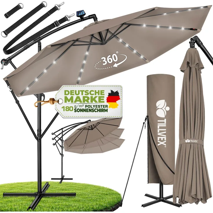 tillvex Alu Ampelschirm Cappuccino LED Solar Ø 300 cm mit Kurbel | Sonnenschirm mit An-/Ausschalter | Gartenschirm UV-Schutz Aluminium | Kurbelschirm mit Ständer Marktschirm wasserdicht