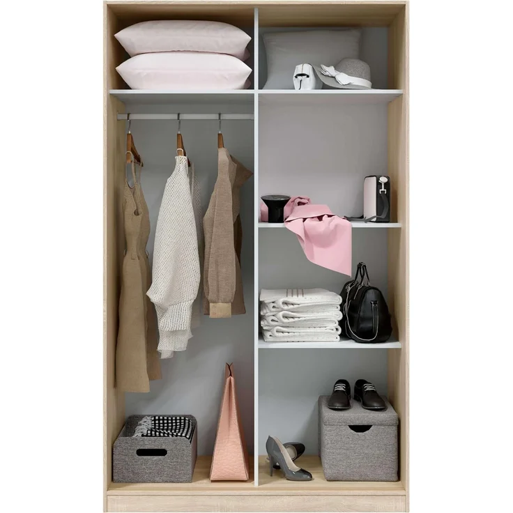 Kleiderschrank mit Zwei Schiebetüren und DREI Einlegeböden, Eichenfarbe und Mattweiß, Maße 120 x 200 x 50 cm – Bild 4