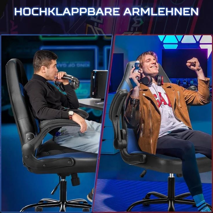 DUMOS Gaming Stuhl - Ergonomischer Gaming Sessel, Verstellbarer Drehbarer Gamingstuhl aus PU-Leder mit klappbaren Armlehnen, Geeignet für Zuhause, Büros usw(Schwarz-Blau) – Bild 7