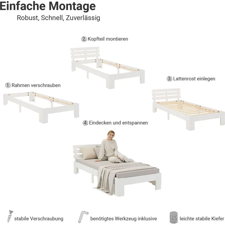 Einzelbett Holzbett 90x200 mit Lattenrost Weiß Kiefer Bett Bettgestell Massivholz – Bild 5