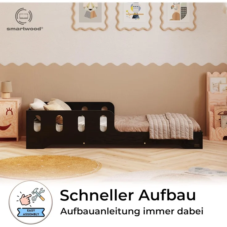 smartwood Kinderbett 90x190 cm in Schwarz - Montessori Bodenbett mit Rausfallschutz & Lattenrost - Aus handbemaltem Sperrholz - Sicher für Jungen und Mädchen - Einfache Montage - TILA 6 – Bild 4