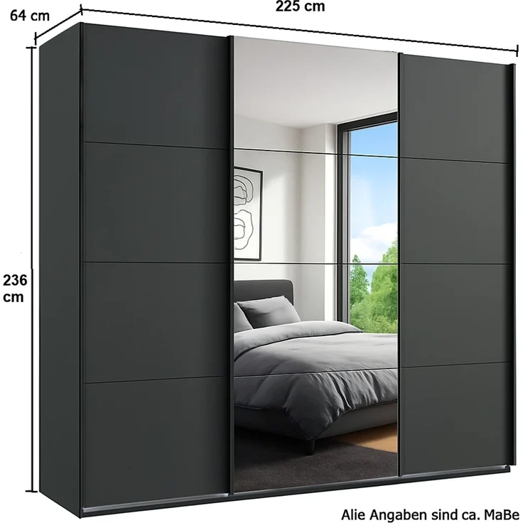 Schwebetürenschrank Kleiderschrank B225 cm extra H236 cm 3-türig Grafit, 1x Spiegeltür – Bild 5