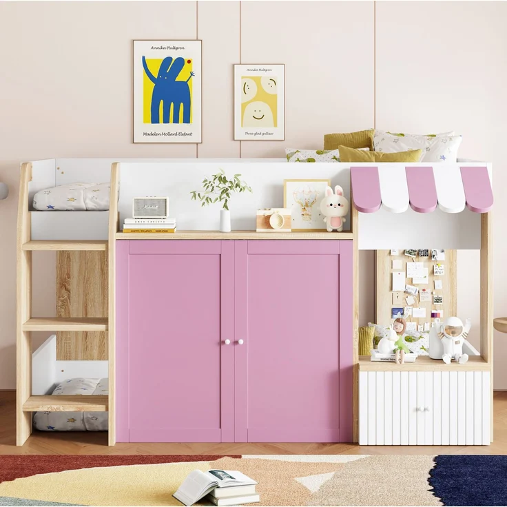 Kinder Hochbett 90x200 niedrig mit Haus-Design - Spielbett mit zweiter Liegefläche, Stauraum, breiter Leiter, weiß & Rosa – Bild 3