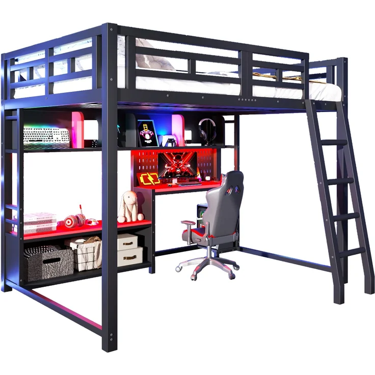 140x200 Metall Etagenbett mit Schreibtisch im Gaming-Stil, LED-Beleuchtung und Aufbewahrungsregalen, Schwarz+Rot – Bild 5