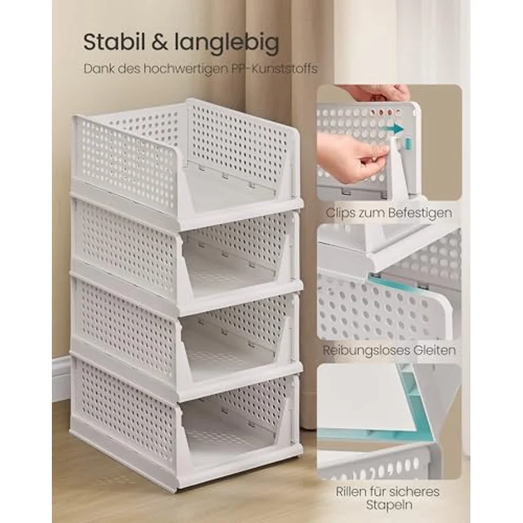 SONGMICS Schrank-Organizer klappbar, Kleiderschrank-Organizer stapelbar, ausziehbarer Korb 4er Set, Aufbewahrung und Organisation, Kunststoff, Schlafzimmer, Büro, Badezimmer, weiß LPC400WZ01 – Bild 4