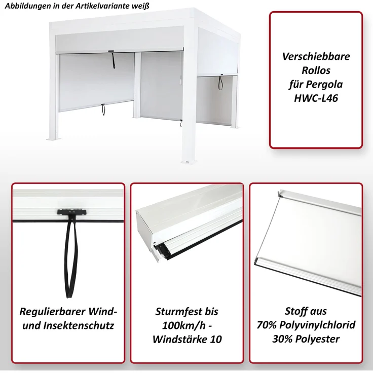 Seitenwand für Pergola HWC-L46, Pavillon Rollo Ersatzseitenwand, Stoff/Textil sturmfest 3x3 m ~ weiß – Bild 2