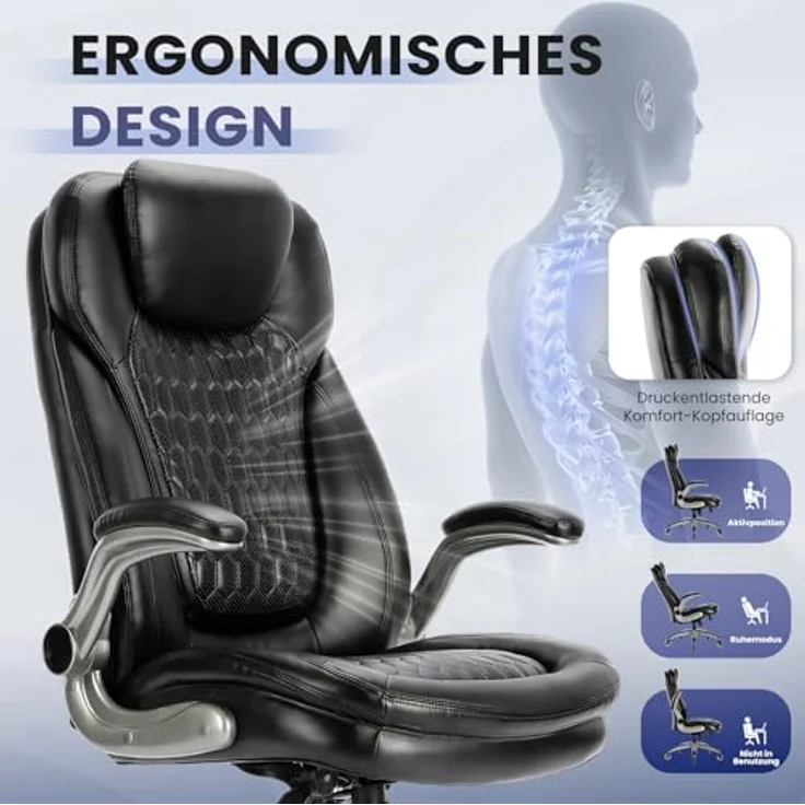 COLAMY Hochlehner Chefsessel aus Leder, Ergonomischer Bürostuhl mit Flip-up-Armlehnen & höhenverstellbar - Office Chair mit leisen Rollen für Homeoffice und Büro-Schwarz – Bild 6