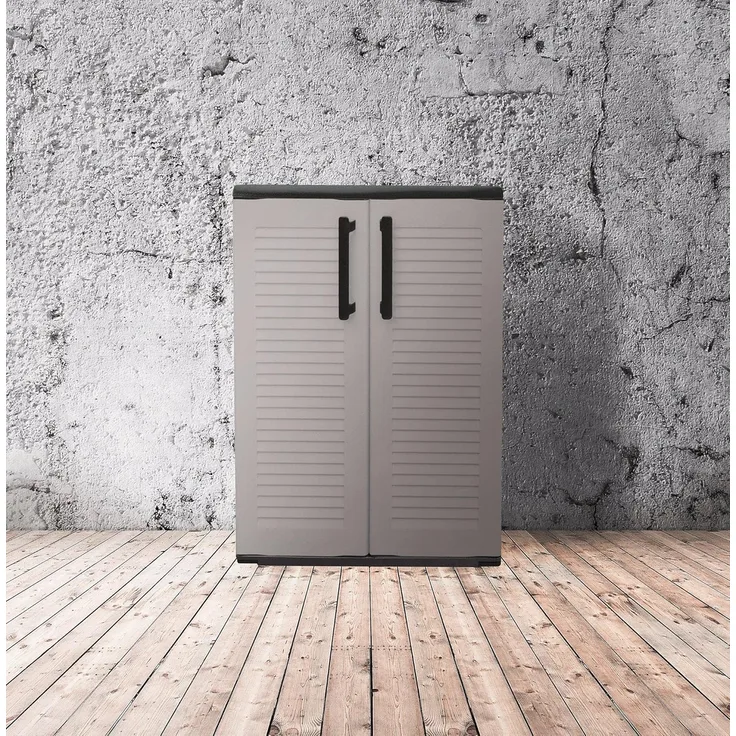 Dmora - Wavre-Außengarderobe, Mehrzweck-Balkongarderobe, 2-türiger Außenschrank, 100 % Made in Italy, 68 x 37 x 90 cm, Hellgrau und Schwarz, gestreifte Oberfläche