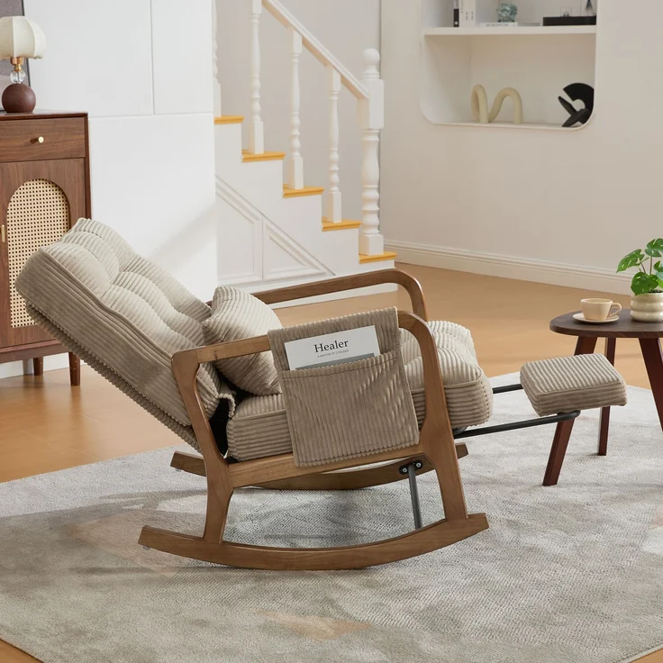 LVHOM Schaukelstuhl mit ausziehbarer Fußstütze, Relaxsessel mit verstellbare Rückenlehne, Loungesessel mit Seitentasche, bis 150 kg belastbar, Khaki – Bild 9
