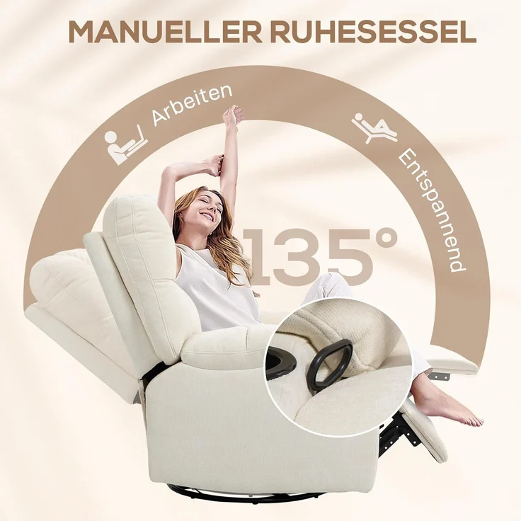 HOMCOM Relaxsessel Fernsehsessel mit Liegefunktion, Schaukelfunktion (Drehbar TV-Sessel mit Fußstütze, 1-St, Taschenfederkern, Becherhalter), für Wohnzimmer, Beige – Bild 4