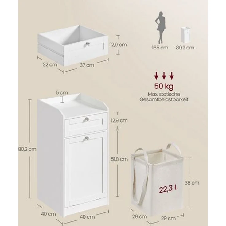 Vasagle Badschrank mit Schublade und Wäschebox, herausnehmbare Innentasche mit Griffen, 40 x 40 x 80,2 cm, wolkenweiß – Bild 5