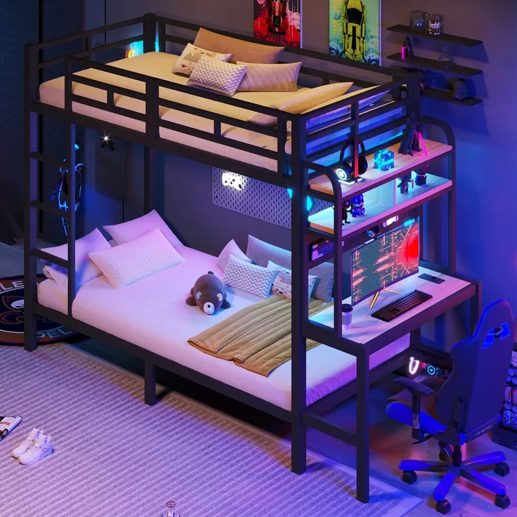 Etagenbett, 90x200 cm, Eisenrahmen, Ablagefach, Schreibtisch, mit LED-Lichtleiste, USB-Anschluss, Sicherheitsgeländer, Leiter, ohne Matratze, schwarz