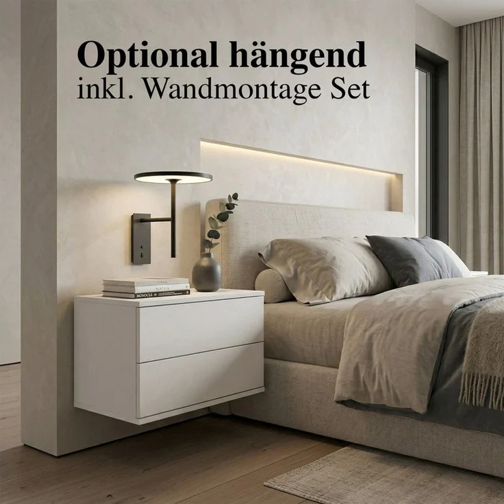 InnoFurn Nachtschrank Aura Nachttisch (Nachtkonsole, optional hängend Beistelltisch) 2 Schubladen mit Push-to-Open & Made in Germany (60 x 43 x 35 cm) – Bild 4