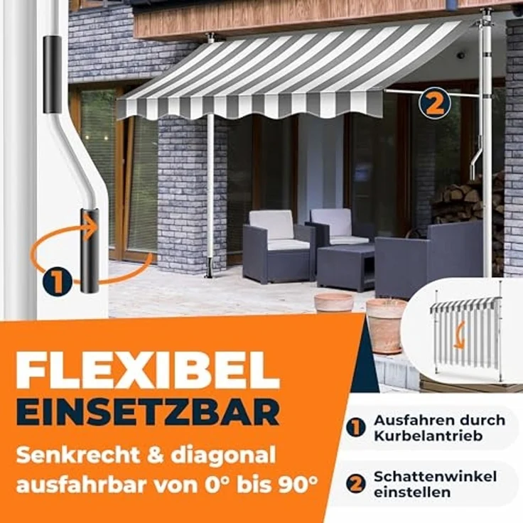 KESSER® Klemmmarkise mit Handkurbel & LED Lichterkette | Balkonmarkise ohne Bohren | Markise UV-beständig höhenverstellbar & wasserabweisend | Sonnenschutz für Balkon Terrasse & Garten Weiß / Grau, 350cm – Bild 2
