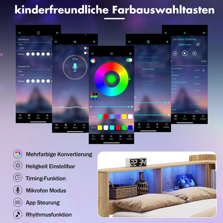 Merax Kinderbett, 140x200 cm Daybett, Tagesbett, Stauraumbett mit LED-Beleuchtung, USB Ladeanschlüsse und Schreibtisch, mit Regale & Schubladen, Naturfarbe – Bild 6