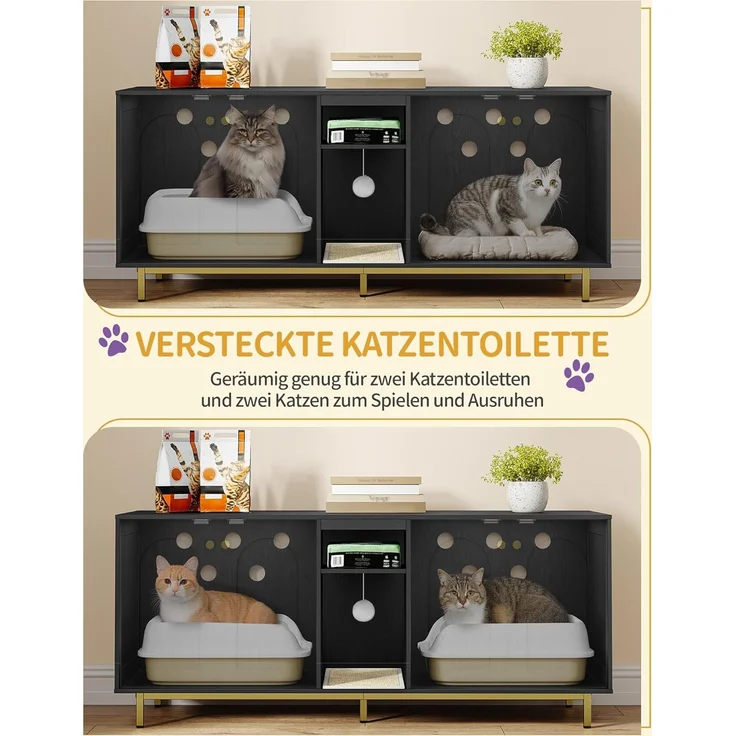 Katzenschrank für 2 Katzen, Katzenklo Schrank, Katzenhaus Versteckt mit Doppelräumen, Mit Stauraum, Plüschbälle, Kann als Fernsehschrank, 140 x 48 x 62 cm, Schwarz und Gold – Bild 8