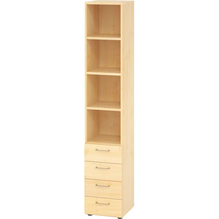 bümö smart Schubladenschrank, Büroschrank in Ahorn mit 4 Schüben & 4 Regalfächern - Bürocontainer aus Holz, Container mit Metallgriffen & Soft-Stop Schubladen, 964S4-3-3-BS