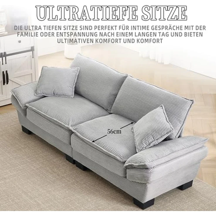 Ball & Cast Couch mit Schlaffunktion, Samt Sofa 2 Sitzer mit Kissen für das Wohnzimmer Wohnung Schlafzimmer, 224 x 81 x 81 (BxHxT), Hellgrau – Bild 8