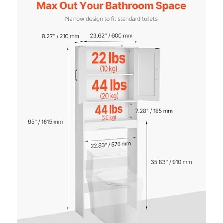 VEVOR Toilettenschrank Badezimmerschrank mit Doppeltür & verstellbarem Regal, platzsparender 3-stöckiger Badschrank über der Toilette mit offenem Regal, 600 x 210 x 1651 mm Aufbewahrungsschrank Weiß – Bild 3