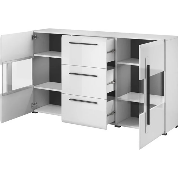 Sideboard Vitrine weiß Hochglanz TURDA-83 modern mit Absetzungen in schwarz, B/H/T: ca. 180/103/39 cm – Bild 4