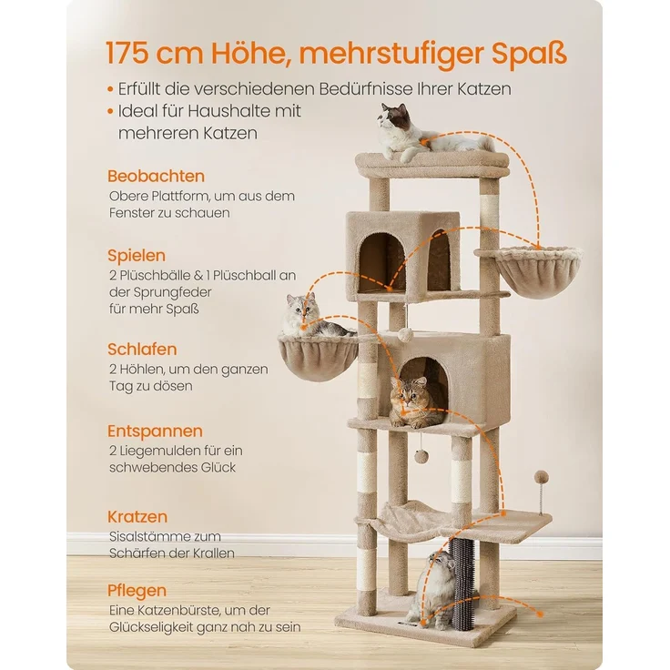 Feandrea Kratzbaum, 175 cm hoch, XL, mehrstöckiger Katzenbaum mit 2 Höhlen, 2 Liegemulden, 5 Kratzsäulen, Katzenbürste, große Plattform, Kamelbraun PCT182K01 – Bild 4