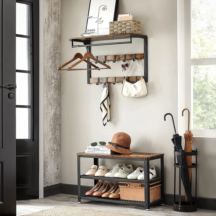 Vasagle Wandgarderobe, Schuhbank, Wandregal mit Ablage und 10 Haken, Schuhregal mit 3 Ebenen, Aufbewahrung, Metallgestell, für Flur, Eingangsbereich, Industrie-Design, vintagebraun-schwarz – Bild 2