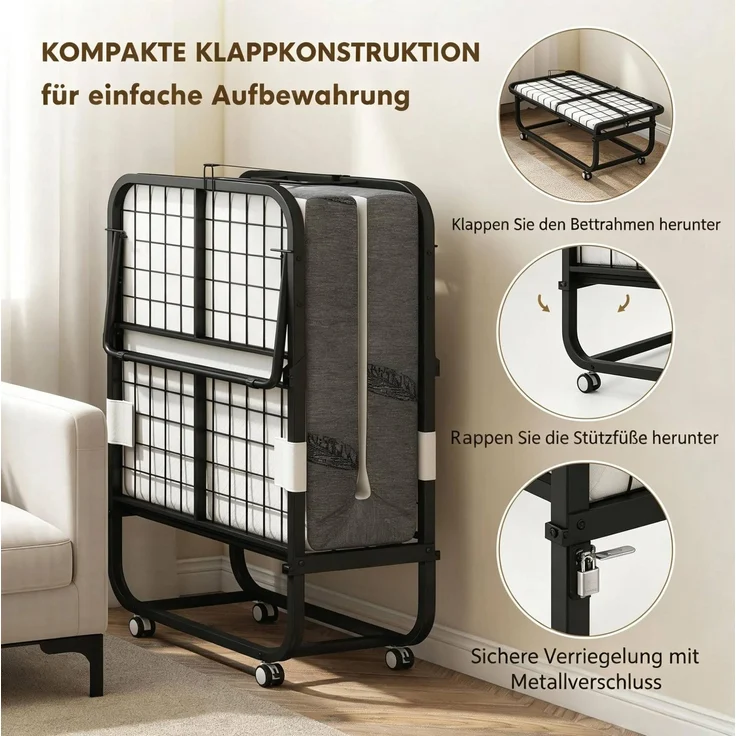 Klappbett 200x80x42,5 cm mit Matratze, Stahlrahmen und Rollen – Gästebett in Schwarz – Bild 6