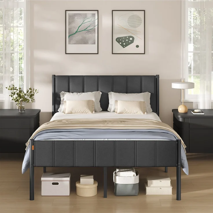 VASAGLE Doppelbett, Bettgestell, 140 x 200 cm, mit gepolstertem Kopfteil, Bettrahmen, Stahl, trägt bis zu 500 kg, grau – Bild 1