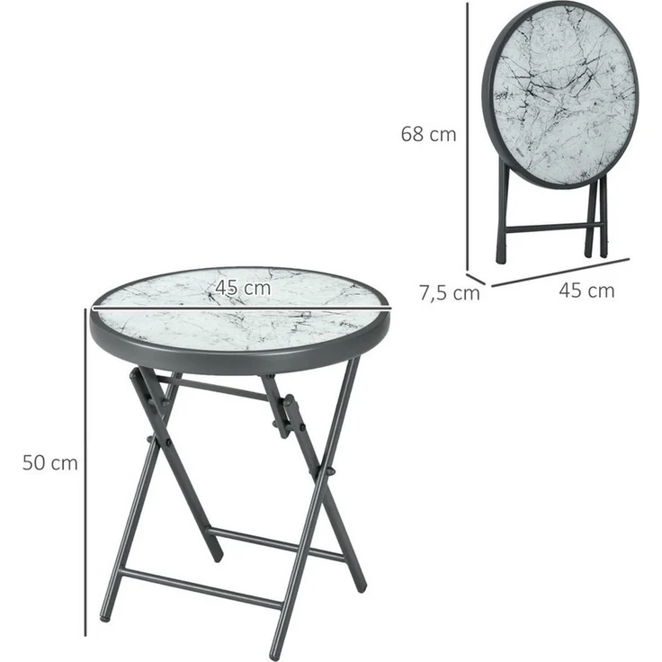 Outsunny Gartentisch klappbar, aus Glas mit Marmoroptik, rund (Klapptisch, 1-St, Beistelltisch), für Balkon Terrasse Wohnzimmer Büro, 45 x 45 x 50 cm, Weiß – Bild 2