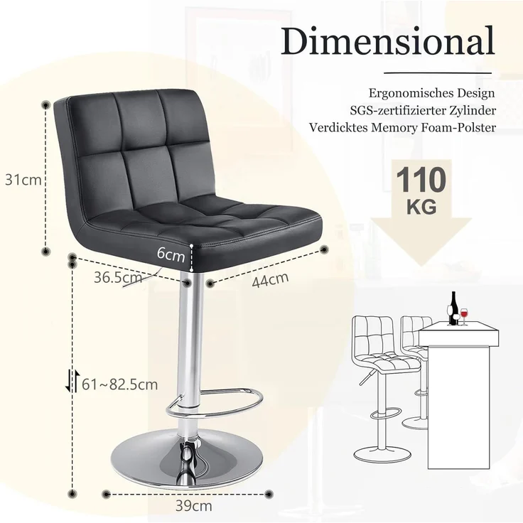 DUMOS barhocker 2er Set, moderner Stil barstuhl höhenverstellbar 60-80 cm, Metallbeine bar hocker, hocker küche, hoch barhocker mit lehne, geeignet für Bar, Küche und Wohnzimmer bar Stool (Schwarz) – Bild 3