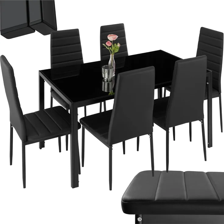 tectake 800551 Esszimmergruppe mit Esstisch und 6 Essstühlen, strapazierfähiges Kunstleder, robuste Tischplatte aus Sicherheitsglas (Schwarz-Schwarz | Nr. 404381)