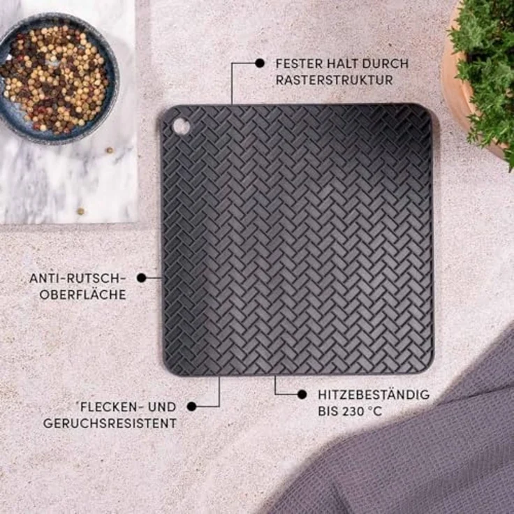 Hoffmann Germany Topfuntersetzer Silikon 2-in-1 Untersetzer & Topflappen 19×19 cm, anthrazit, Zubehör für alle Töpfe und Pfannen, 1-tlg, 230°C, spülmaschinenfest, rutschfest, lebensmittelecht – Bild 4