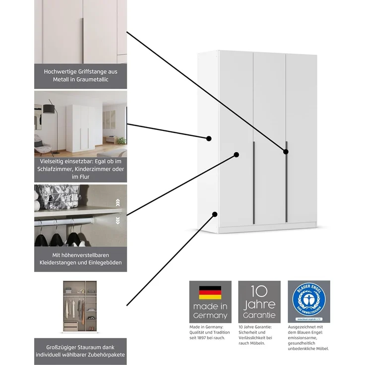 Rauch Möbel Alabama, Kleiderschrank, Garderobe, 3-türig, Zubehör Premium, 2 Kleiderstangen, 5 Einlegeböden, Schubladeneinsatz, Farbe Beige, Griff Grau metallic, 136 x 210 x 54 cm – Bild 4