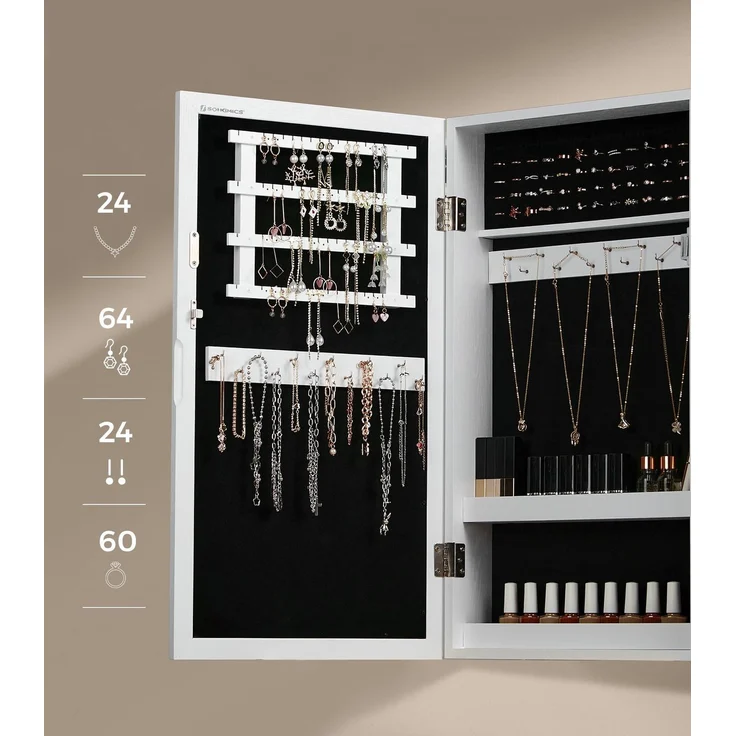 Songmics Schmuckschrank zur Wandmontage und abschließbarer, JBC51W, Holz weiß, 67 x 10 x 37 cm – Bild 3