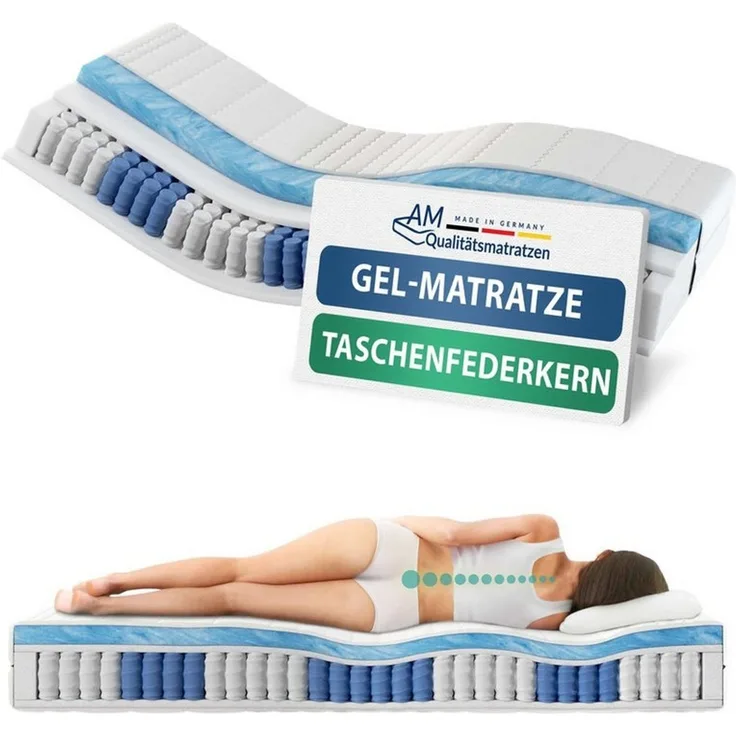 AM Qualitätsmatratzen Taschenfederkernmatratze mit Gelschaum-Auflage, H3, Höhe 24 cm, 90x200 cm