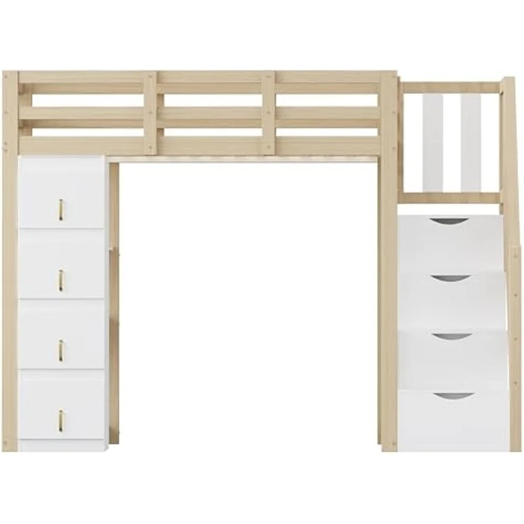 Ball & Cast Hochbett 90*200cm mit Aufbewahrungsschublade Kommode mit Regalen, Sicherheits-Kletterleiter mit Aufbewahrungsschubladen, Multifunktionales Massivholzbett, Kinderbett Jugendbett, Holzfarbe – Bild 7