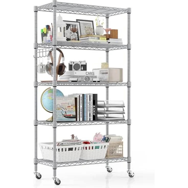 Regal mit 5 Regalböden und Rädern, Robustes Metalldrahtregal mit Haken, höhenverstellbar, für Badezimmer, Küche, Garage (76 x 35 x 158 cm), Silber – Bild 9