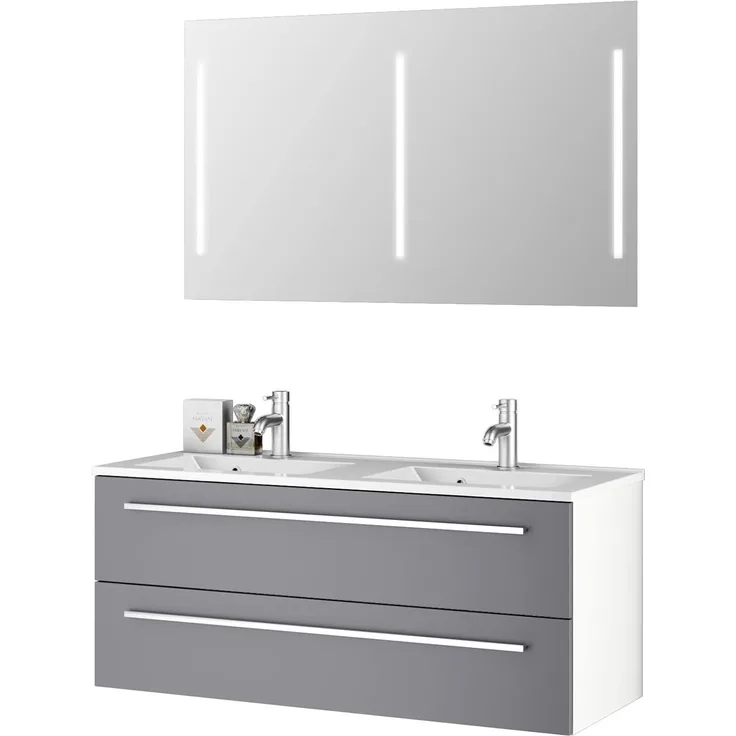 Sieper I Doppelwaschtisch mit Unterschrank 120x50 cm und Spiegel mit Beleuchtung, Badmöbel Set Libato I Arktisgrau