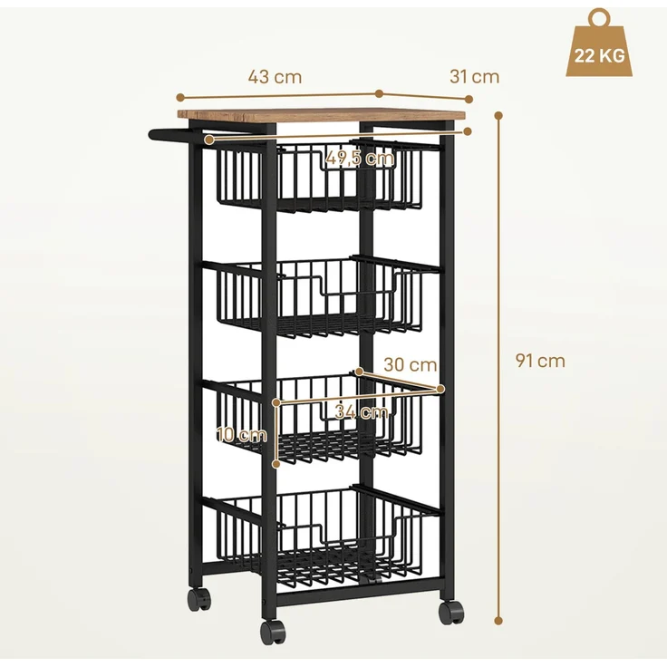 Küchenwagen 49,5x31x91 cm mit 4 ausziehbaren Körben und Arbeitsplatte, Eiche – Bild 3