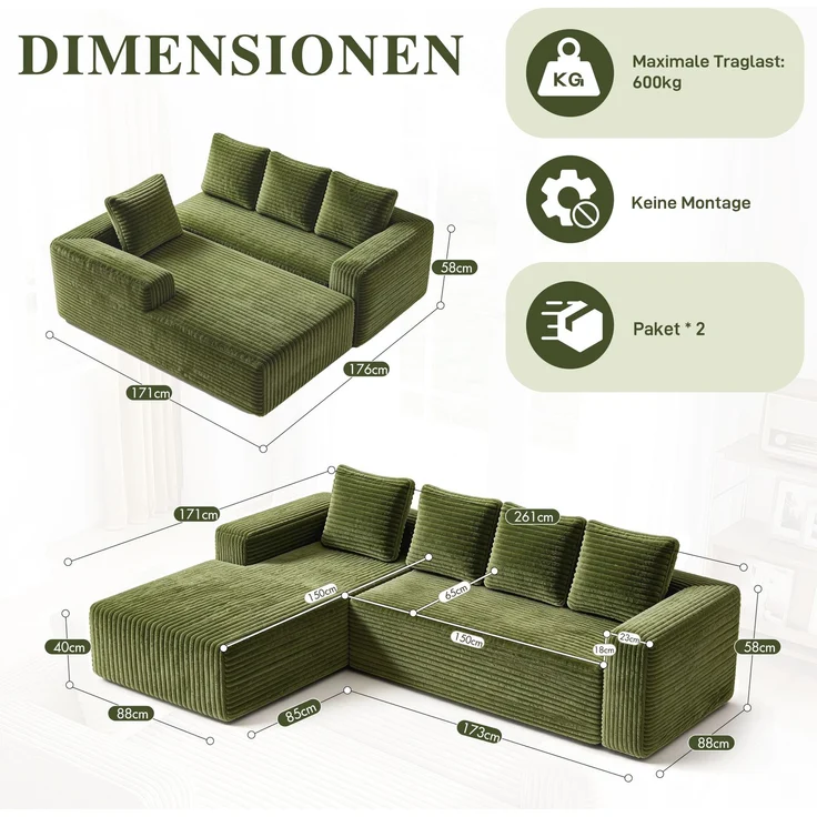 ZUBALIYA Sofa, modular kombinierbar, H 58 × T 168 × B 261 cm, Grün, Cord – Bild 25