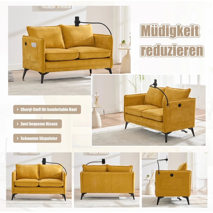 LVHOM 2-Sitzer Sofa mit Handyhalter und USB, Doppelsofa mit Seitentaschen, Polstersofa Zweisitzer mit Chenille Bezug, Gelb – Bild 3
