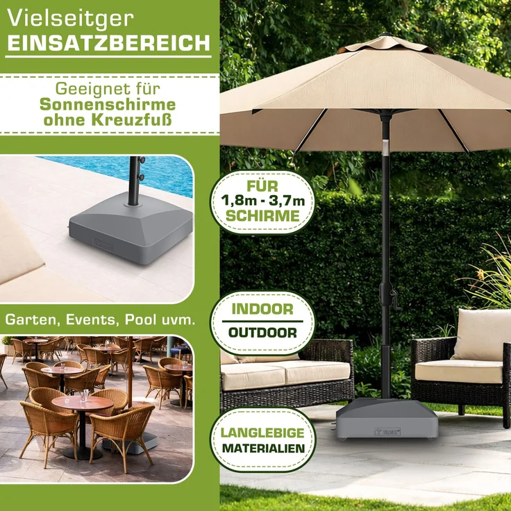 tillvex® Sonnenschirmständer GRAVIA mit Rollen & Bremsen Anthrazit | Schirmständer befüllbar 37 Liter / 56 kg | Schirmgewicht Sonnenschirm & Marktschirm Ø 1,8-3,7m | Ampelschirmständer wetterfest – Bild 6