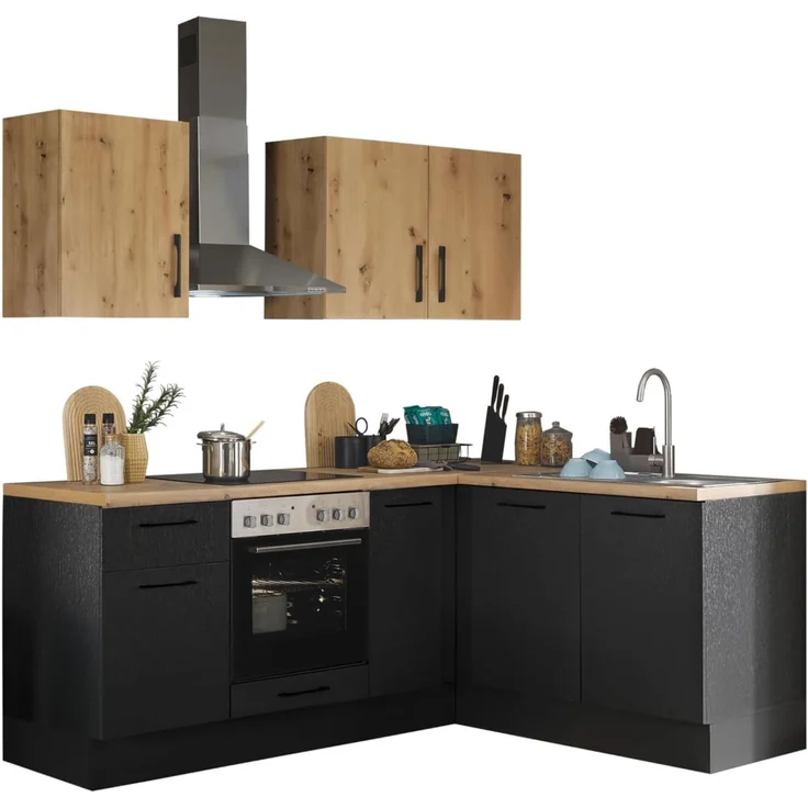 Turin L Eckküche 210 x 211 x 60 cm, schwarz - Basic Küchengeräte - Moderne, geräumige Küche in Artisan-Eiche Optik mit viel Stauraum – Bild 1