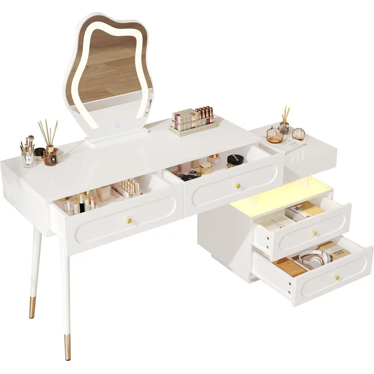 Abrihome Schminktisch mit LED, Weiß, 130x40x140 cm – Bild 4