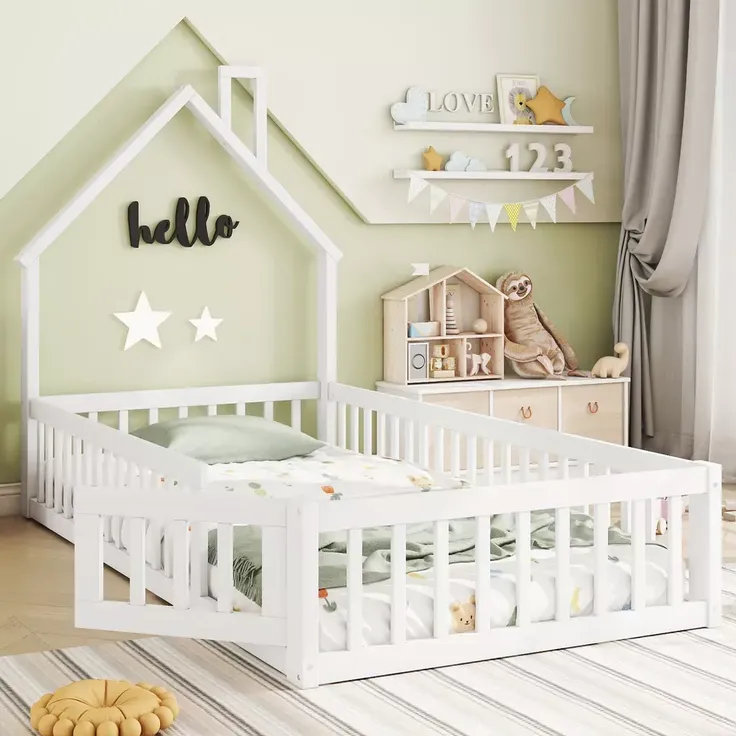 Hausbett mit Lattenrost und Rausfallschutz, 90x200 cm, Kinderbett, Jugendbett, Kiefer – Bild 3