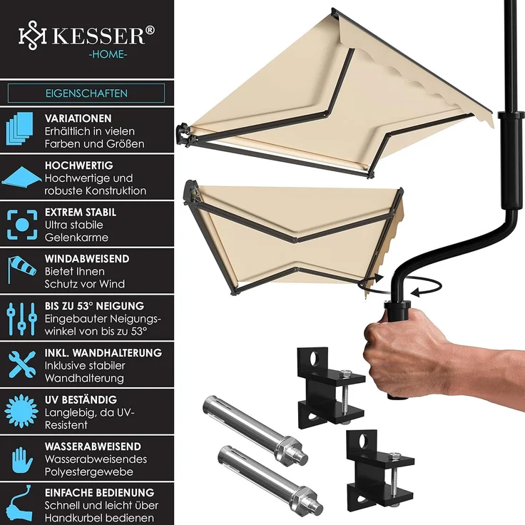 KESSER® Gelenkarmmarkise Markise Gelenkmarkise 300x250 cm Terrassenmarkise Klemmmarkise Sonnenmarkise inkl. Wandhalterung Sonnenschutz Balkonmarkise wasserabweisend Alu/Polyester, Beige – Bild 2