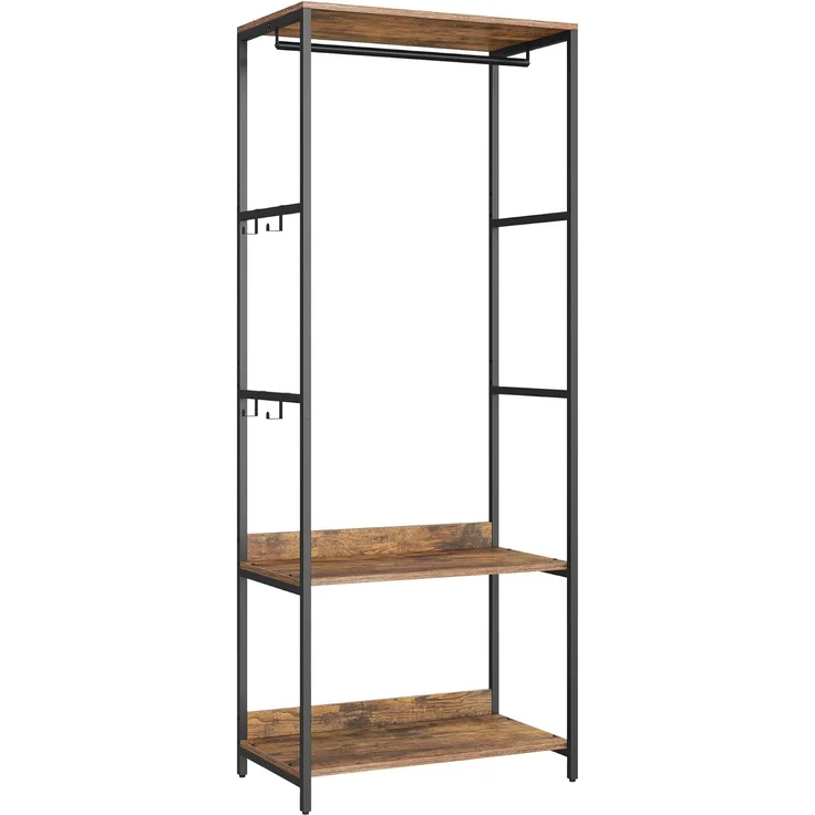 SONGMICS Kleiderschrank offen, Kleiderständer, Garderobenständer, Garderobe mit Kleiderstange, Ablagen, abnehmbare Haken, 40 x 60 x 181 cm, vintagebraun RGR006B01