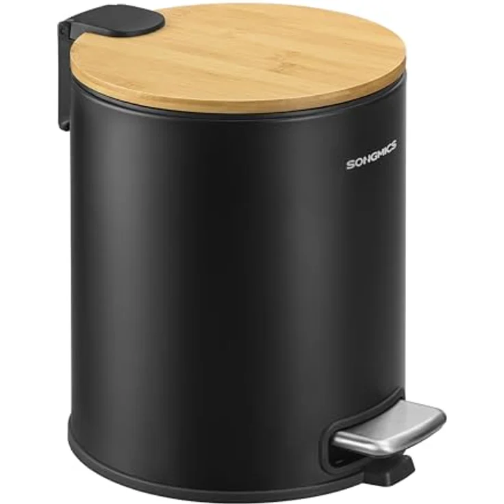 SONGMICS Kosmetikeimer, Mülleimer Bad, mit Deckel aus Bambus, Tretmülleimer mit Metallpedal, Inneneimer herausnehmbar, Softclose, für Badezimmer, 6 Liter, tintenschwarz LTB116BZ01 – Bild 2
