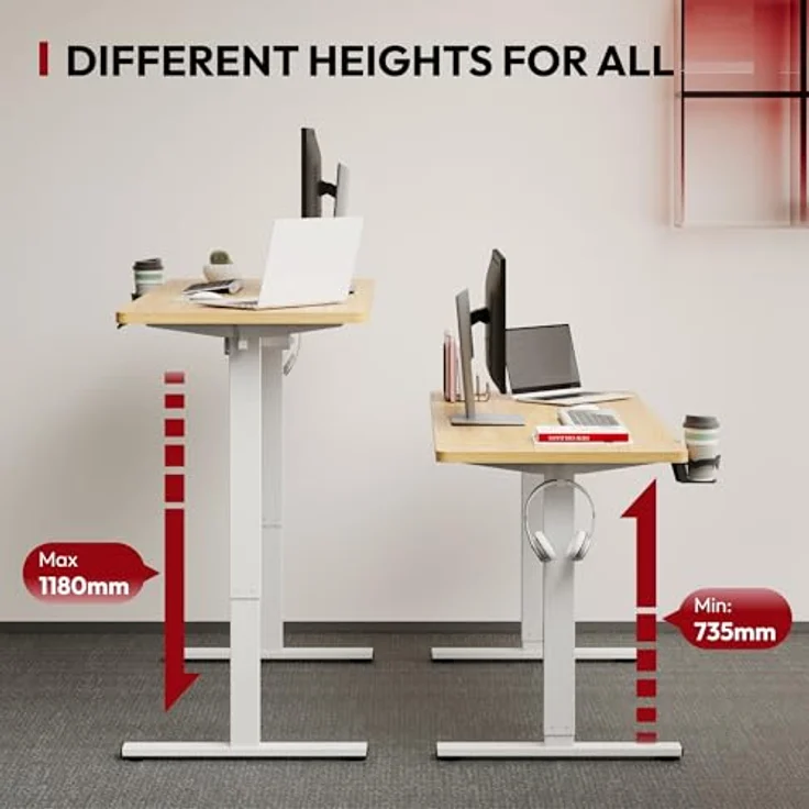 SANODESK Höhenverstellbarer Schreibtisch mit VOLLSTÄNDIGER TISCHPLATTE, 4 Zubehörteilen (Becherhalter, Haken, Aufbewahrungsbox, Kabelmanagement), ergonomisch für Büro und Homeoffice, Ahorn, 110x54 cm – Bild 6